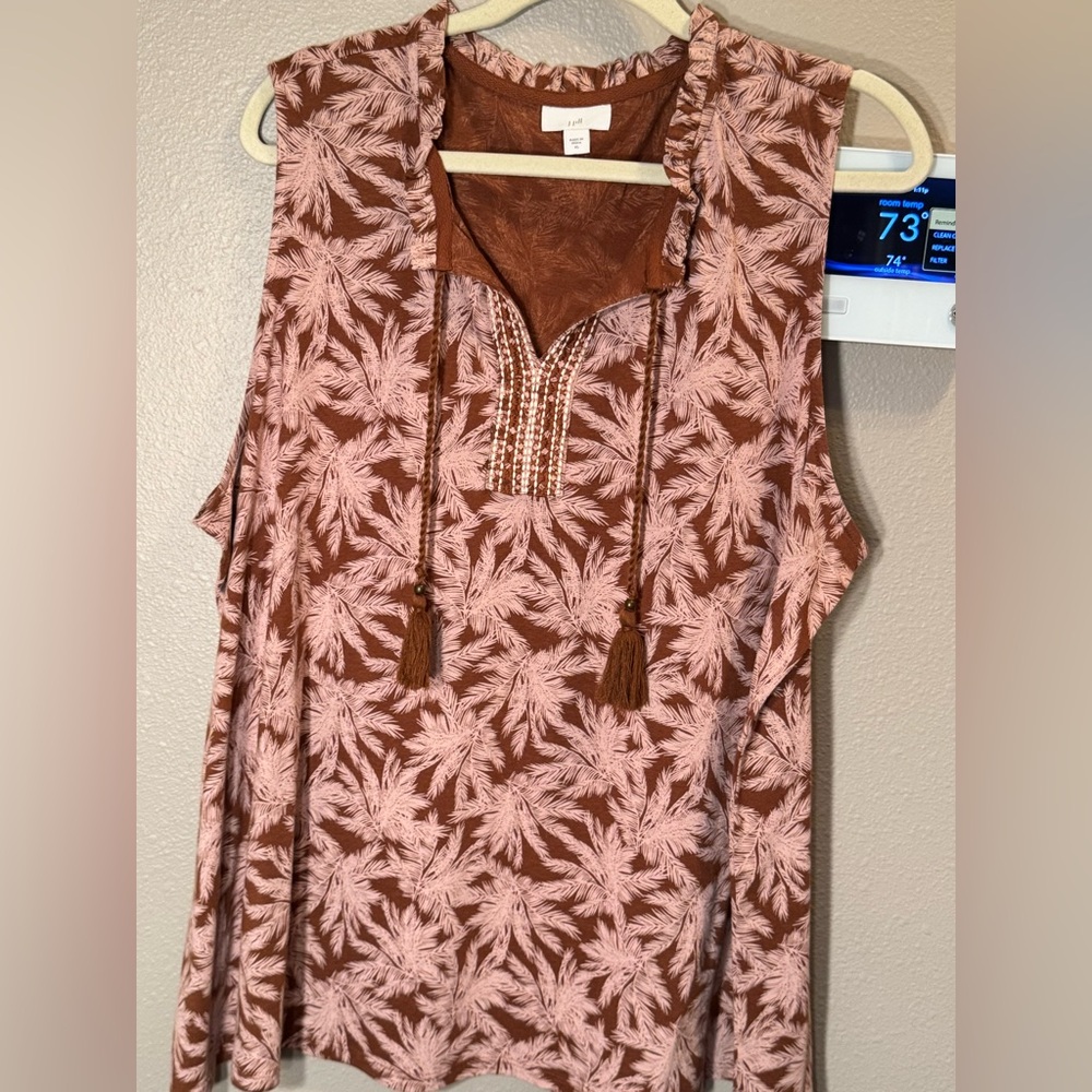J. JILL Brown and Pink Printed Tassel V-Neck Sleeveless Tank